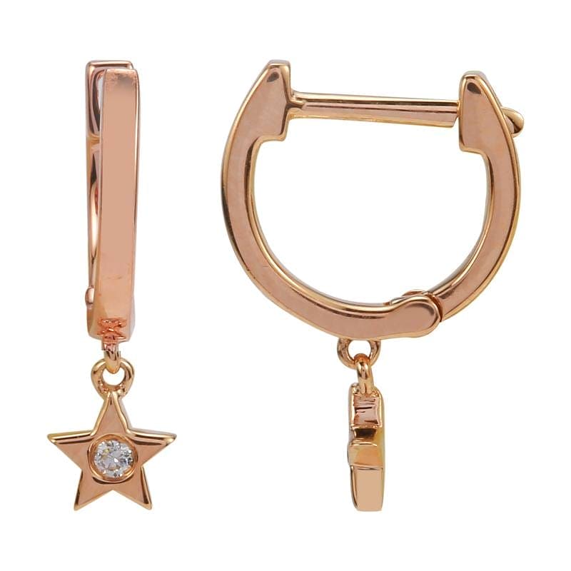 14k Yellow Gold Diamond Drop Star Huggie Earrings