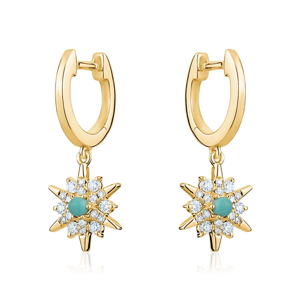 14K Gold Sunburst Turquoise Huggie Earrings