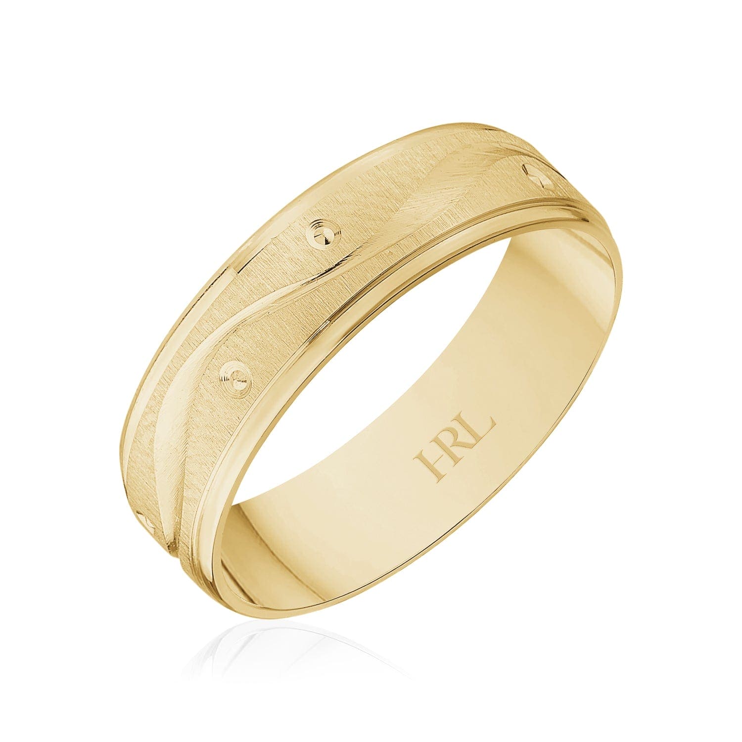 Gold Wedding Band with Engraved Wave and Diamond Accents