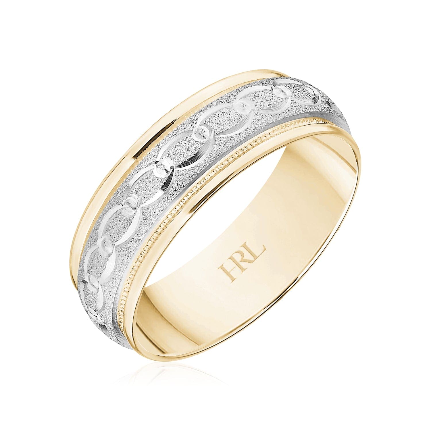 Two-Tone Wedding Band with Scroll Motif and Milgrain Detail