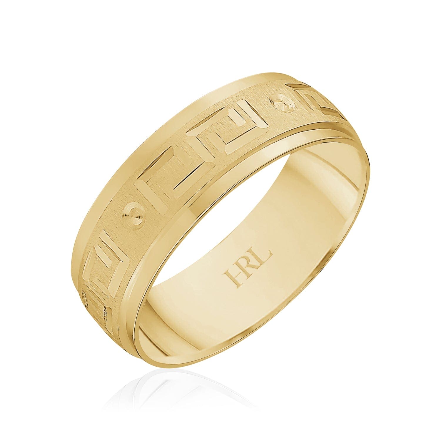 Gold Wedding Band with Greek Key Design and Diamond Accents