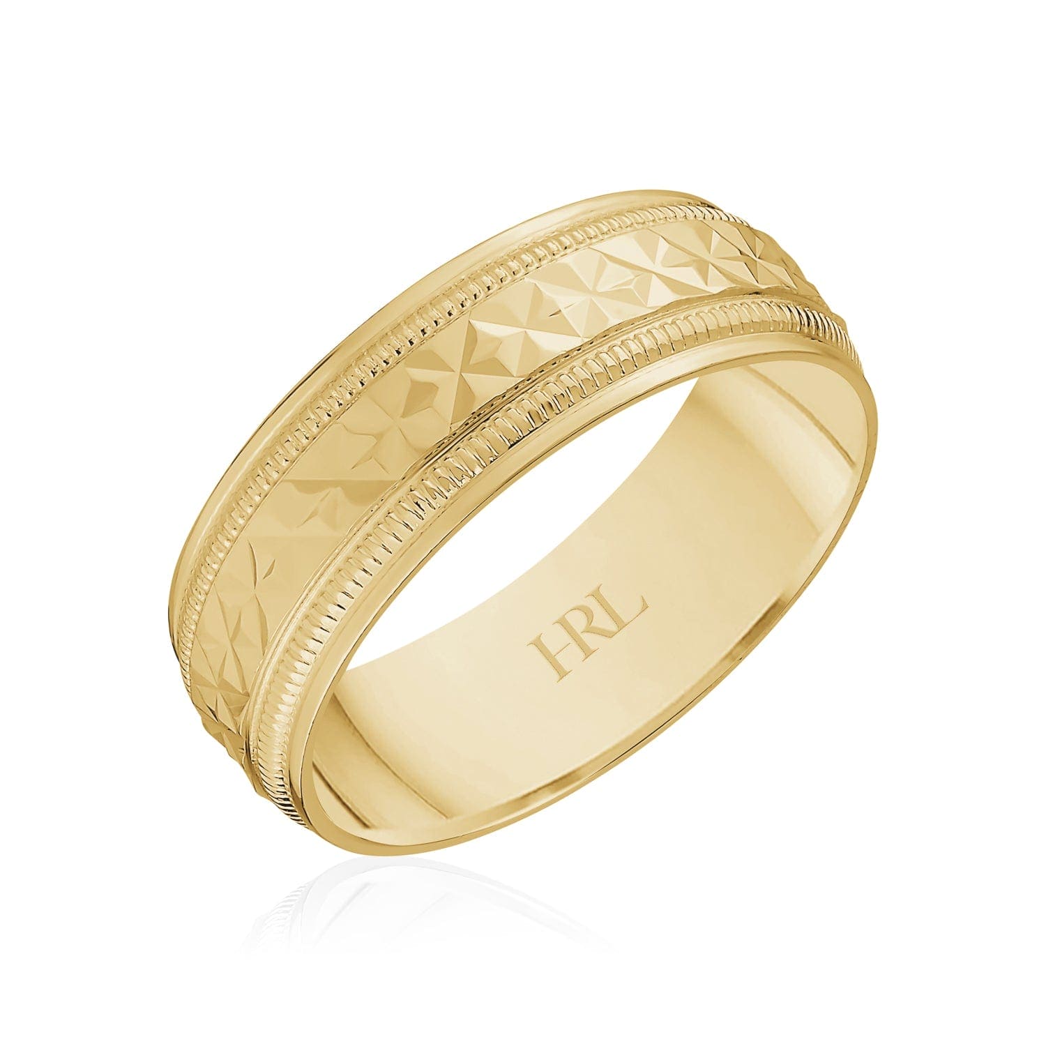Gold Wedding Band with Diamond-Cut Star Pattern and Milgrain Edges