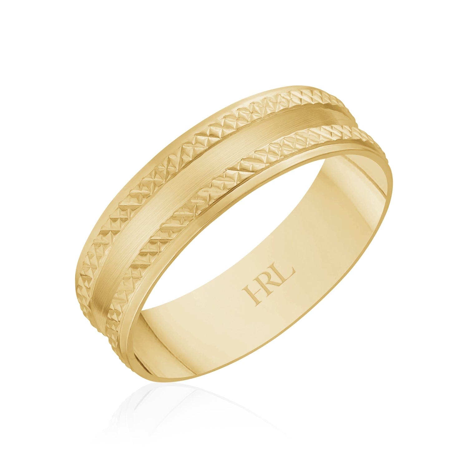 Gold Wedding Band with Textured Edges and Brushed Center
