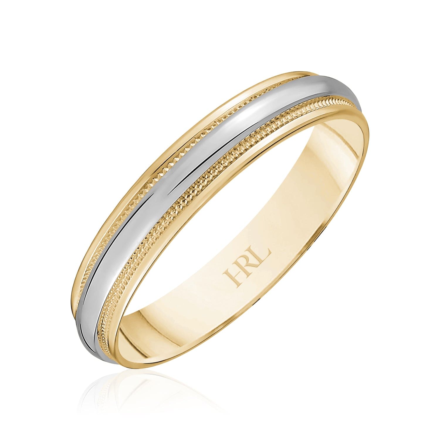 Slim Two-Tone Wedding Band with Polished Center and Milgrain Detail