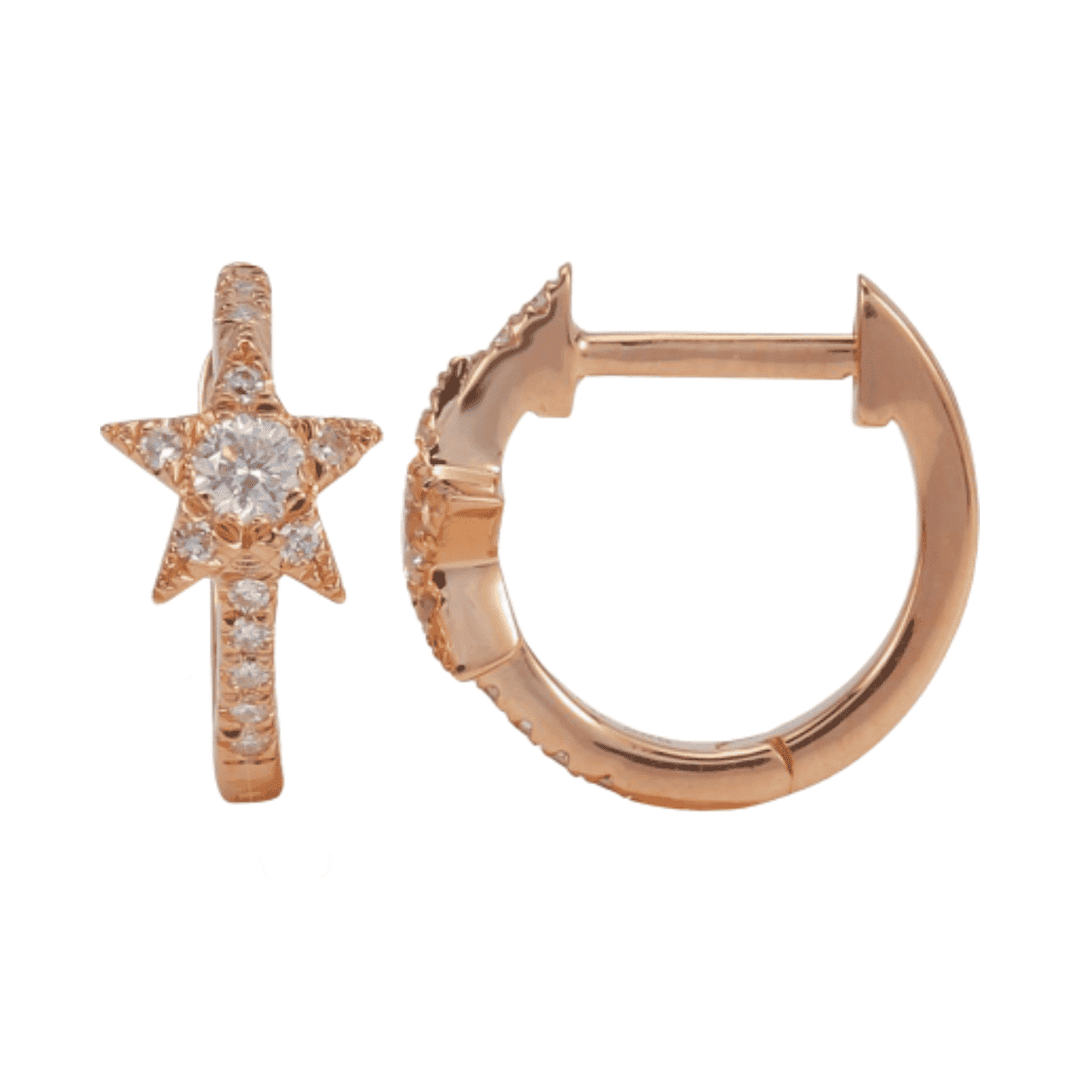 14k Yellow Gold Diamond Star Huggie Earrings