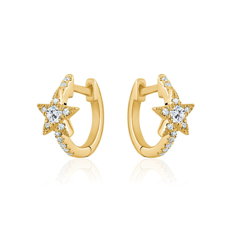 14k Yellow Gold Diamond Star Huggie Earrings