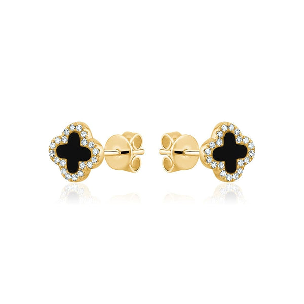 14k Yellow Gold Onyx Clover Stud Earrings
