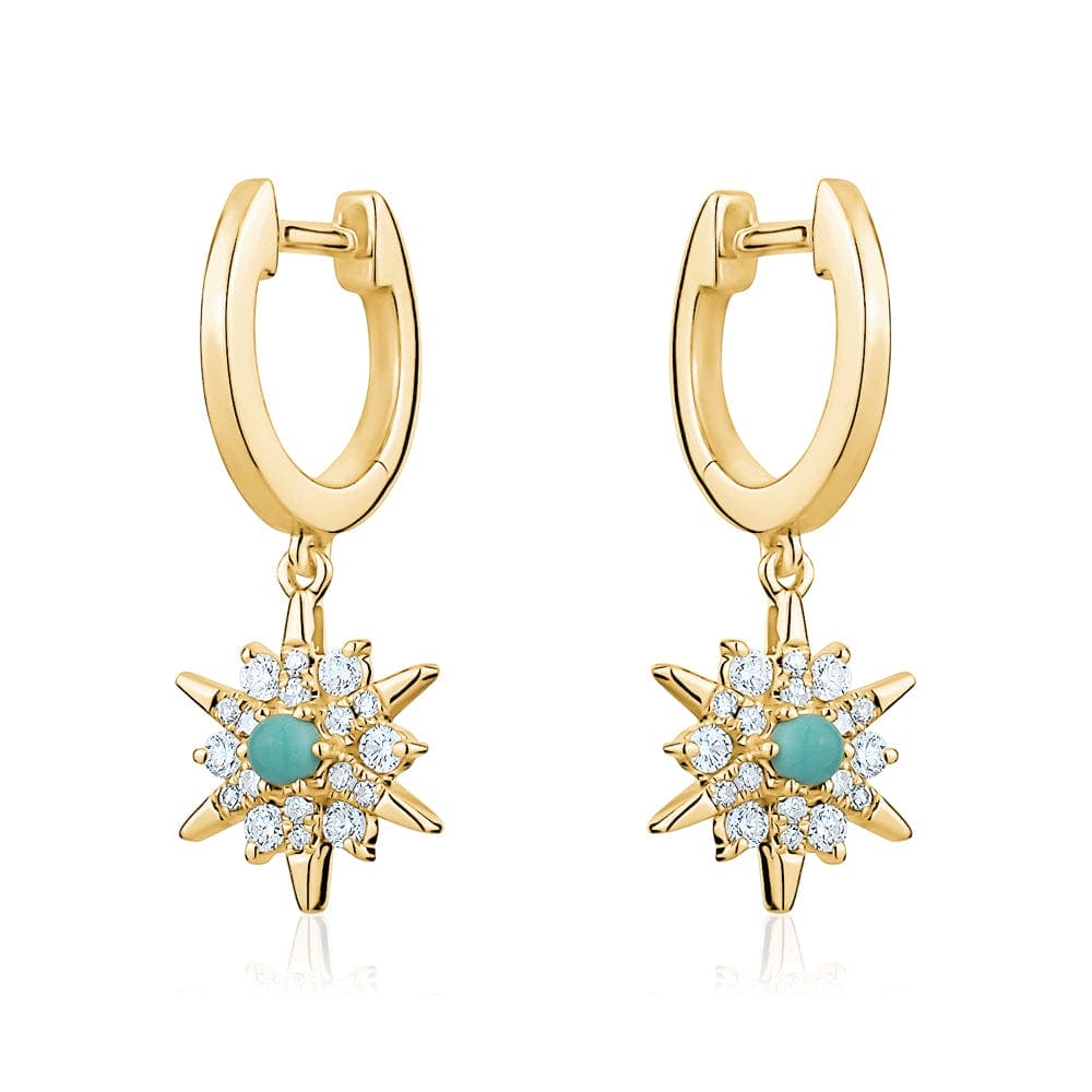 14K Gold Sunburst Turquoise Huggie Earrings