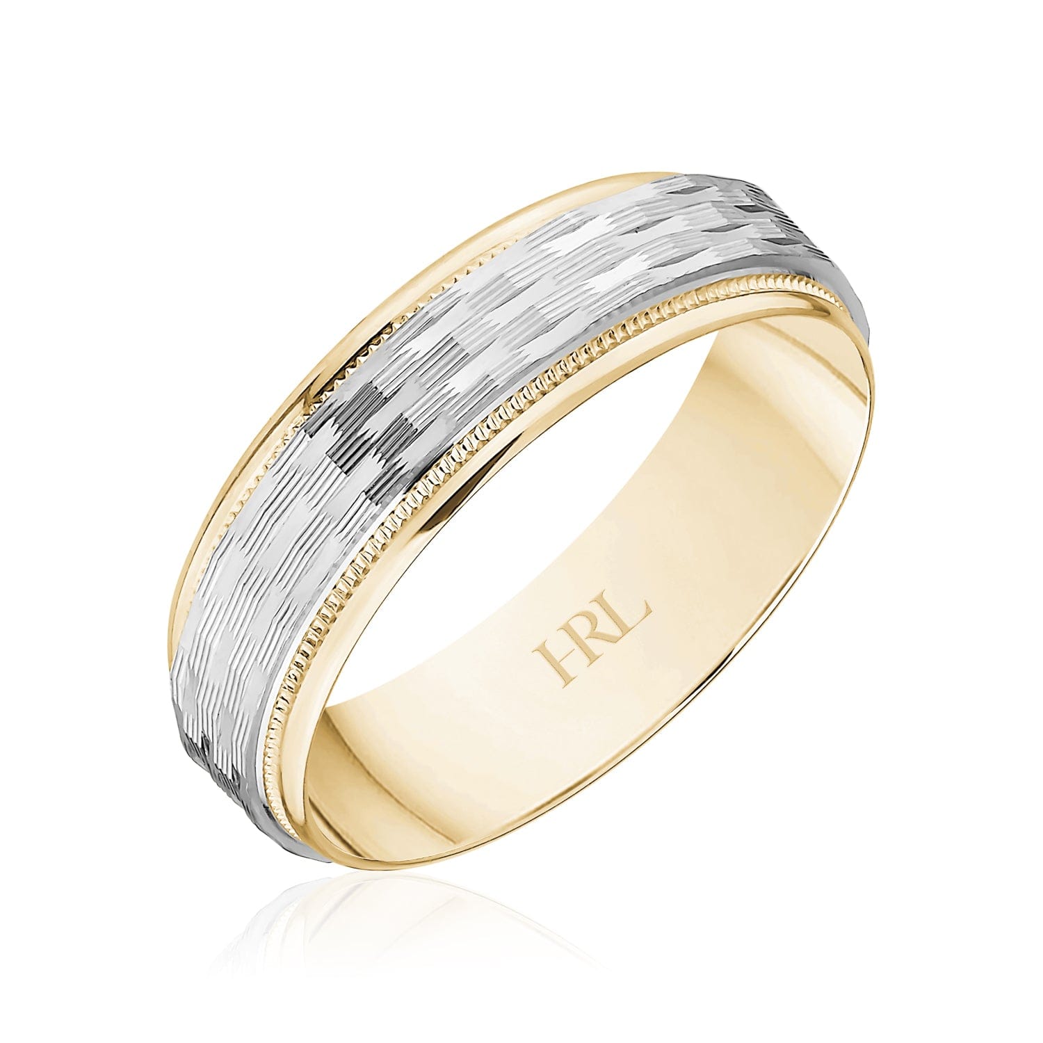Two-Tone Wedding Band with Textured White Gold Center and Milgrain Detail