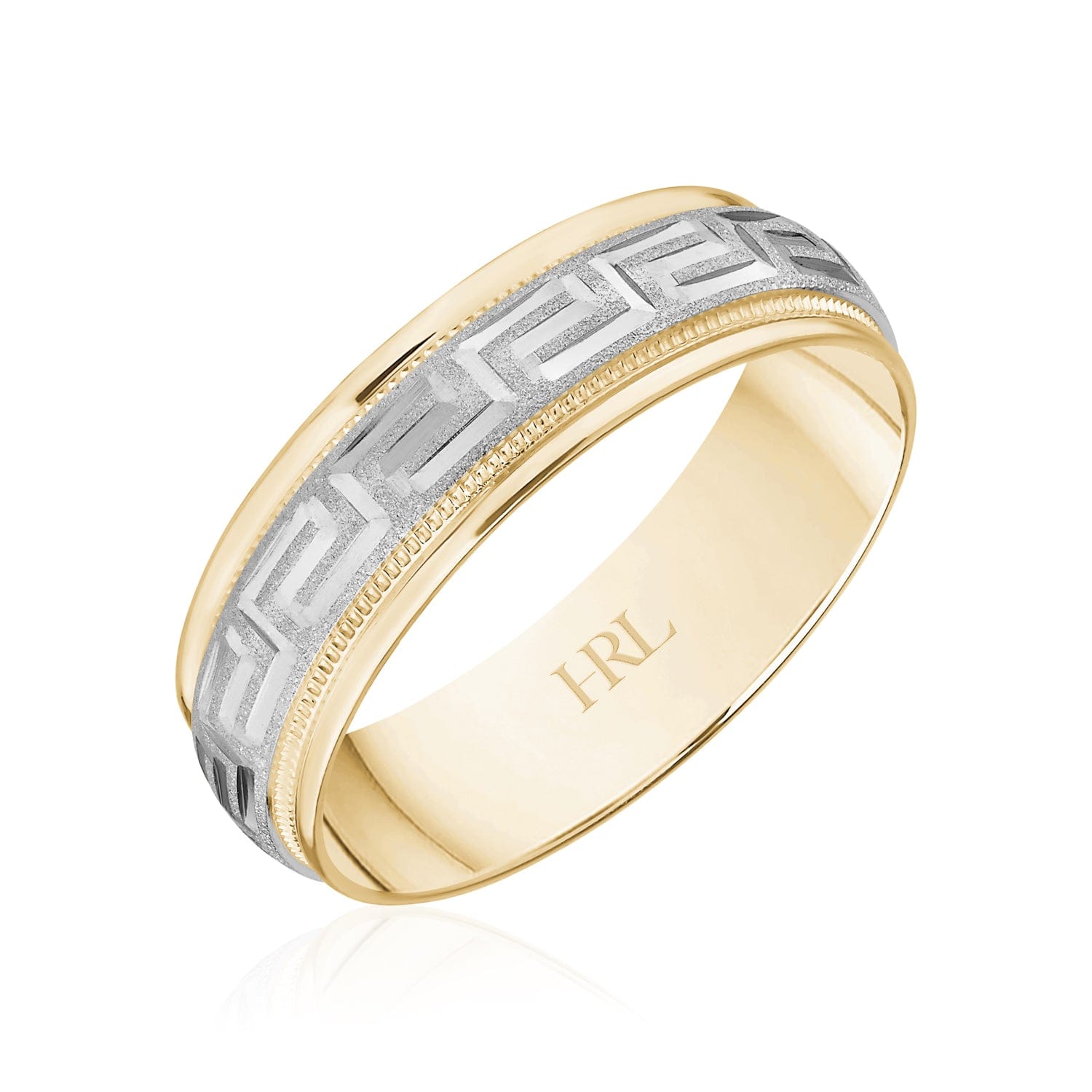 Two-Tone Wedding Band with Raised Greek Key Pattern and Milgrain Detail