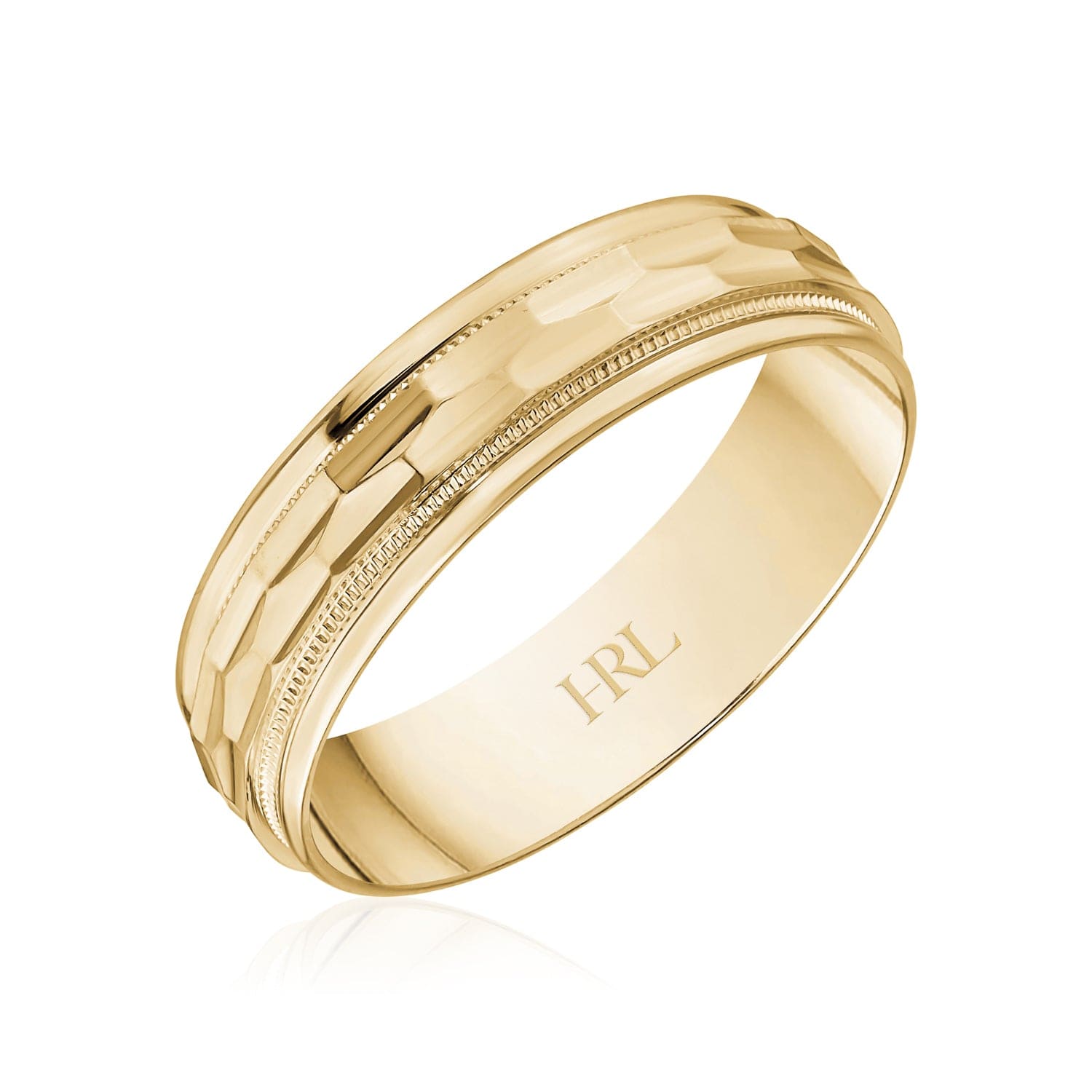 Yellow Gold Wedding Band with Faceted Center and Milgrain Edges