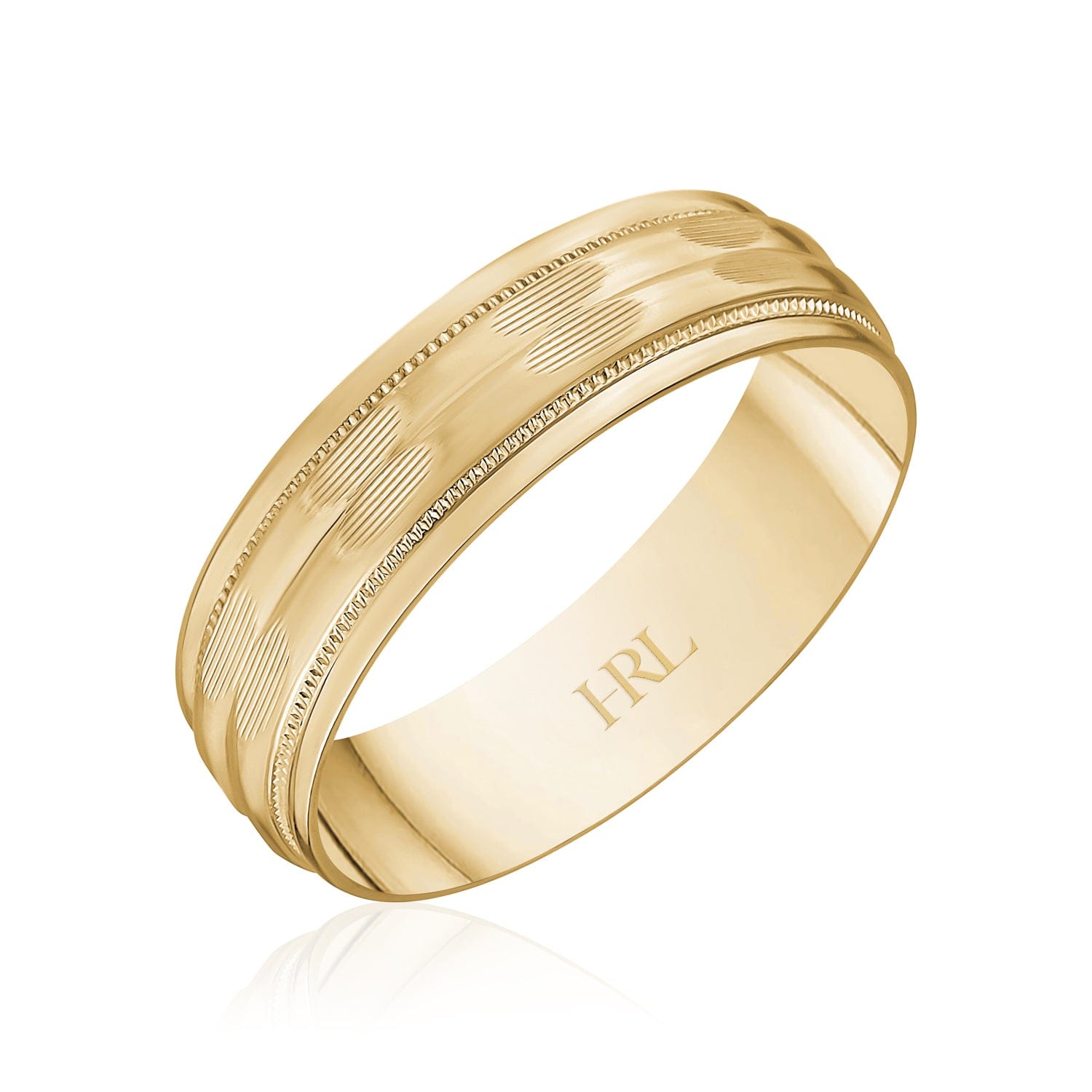 Yellow Gold Wedding Band with Engraved Wave Pattern and Milgrain Accents
