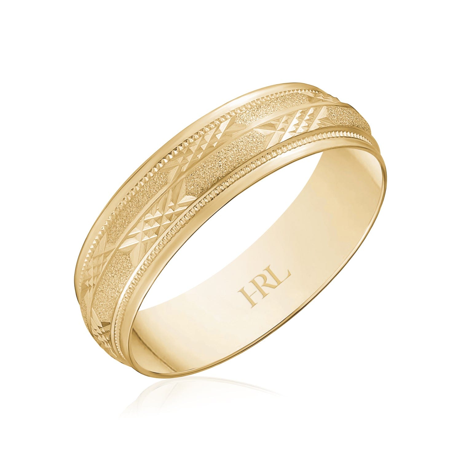 Textured Yellow Gold Wedding Band with Geometric Detailing and Milgrain Borders