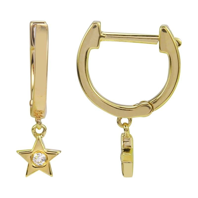 14k Yellow Gold Diamond Drop Star Huggie Earrings