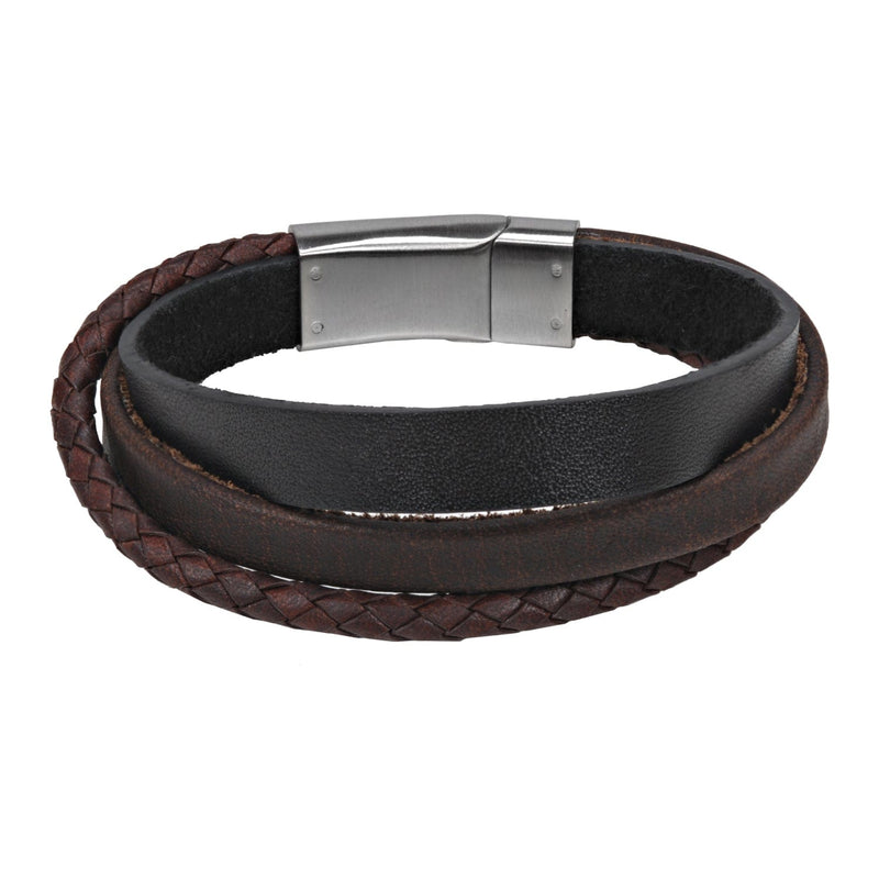 Multi Strand Black and Brown Italian Leather Bracelet 8"