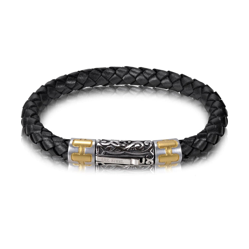 Steel Black Leather Bead Bracelet